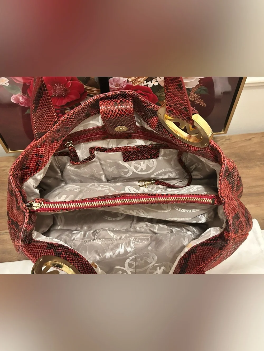 Michael Kors Red and Black Embossed Snake-Print Shoulder Tote with MK Dust Bag - Picture 12 of 15